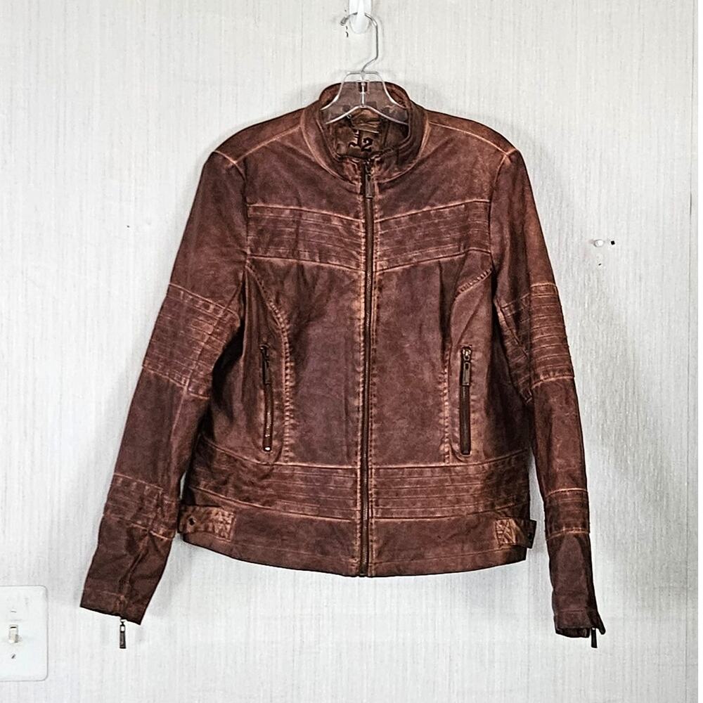 J2 Faux Leather Moto Jacket Brown Full Zip‎ Size XL Y2K